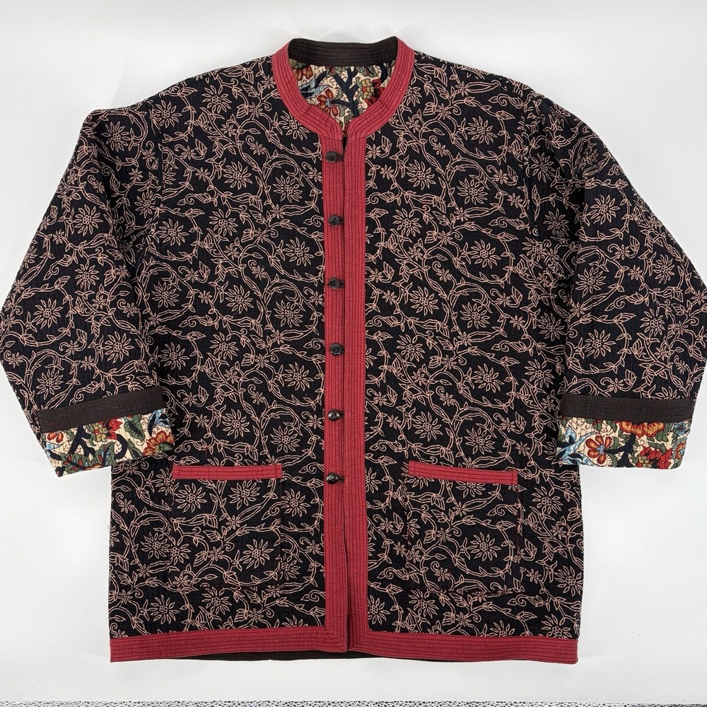 Reversible Quilted Jacket XL Floral Botanical Boho Chore Coat Asian Art to Wear - Picture 2 of 16